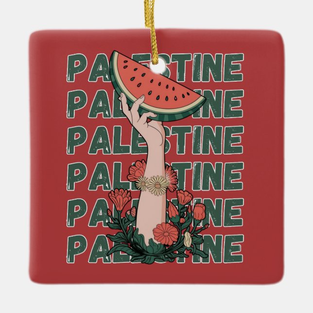 vattenmelon, blommor och palestinsk text Upprepa Julgransprydnad Keramik (Framsida)
