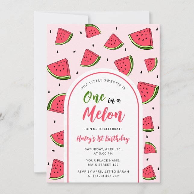 Vattenmelon Cute One i Melon 1:a Baby-födelsedagen Inbjudningar (Framsida)