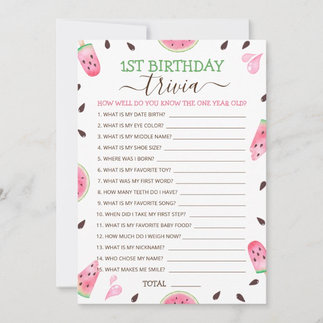 Vattenmelon en i en melon 1:a födelsedagslek julkort (Framsida)