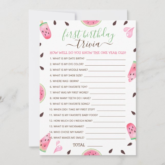 Vattenmelon en i en melon 1:a födelsedagslek julkort (Framsida)