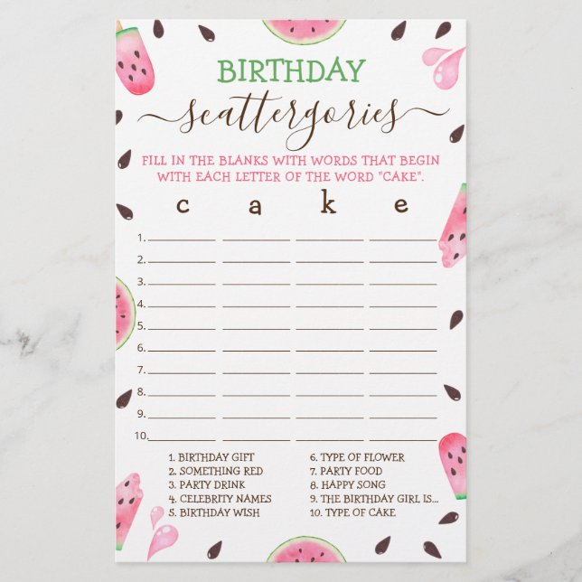 Vattenmelon en i en Melon Birthday Scattergories (Framsida)