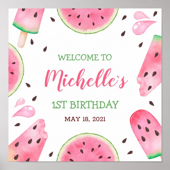 Vattenmelon En i en melon Välkommen 1-års födelsed Poster (Framsidan)