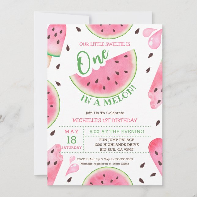 Vattenmelon Ett i en melon 1-års födelsedagsinbjud Julkort (Framsida)