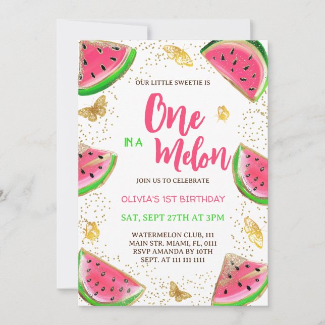 Vattenmelon Fjärilar Flicka 1-årsdag  Inbjudningar (Framsida)