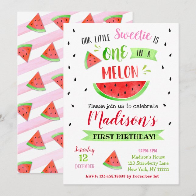 Vattenmelon Födelsagsfest Inbjudningar (Fram/baksida)