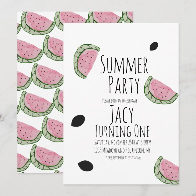 Vattenmelon Födelsedag Vattenfärg Sommar Frön Inbjudningar (Fram/baksida)