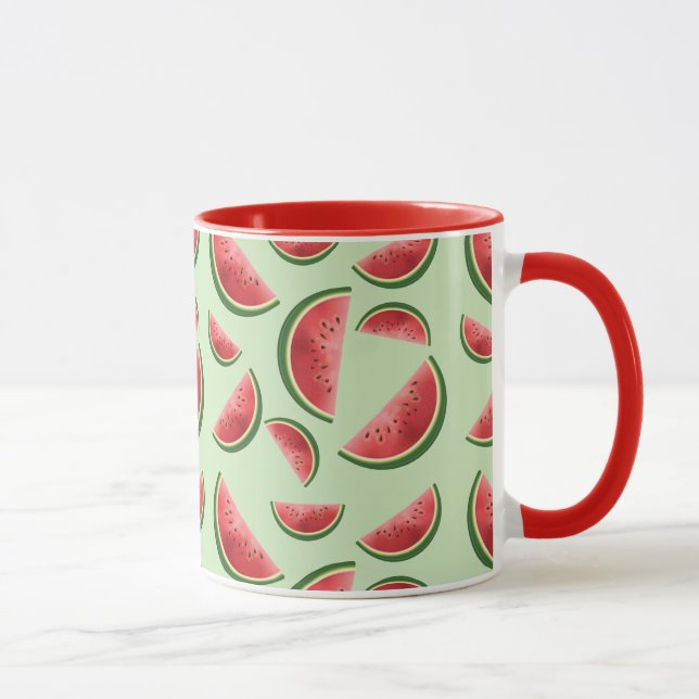 Vattenmelon Frukt Skivor Mönster På Grönt Mugg (Höger)