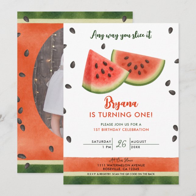 Vattenmelon Hur Du än Skär den 1-års Födelsedagsfe Inbjudningar (Fram/baksida)
