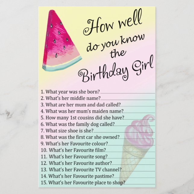 Vattenmelon Hur väl känner du födelsedagsflickan (Framsida)