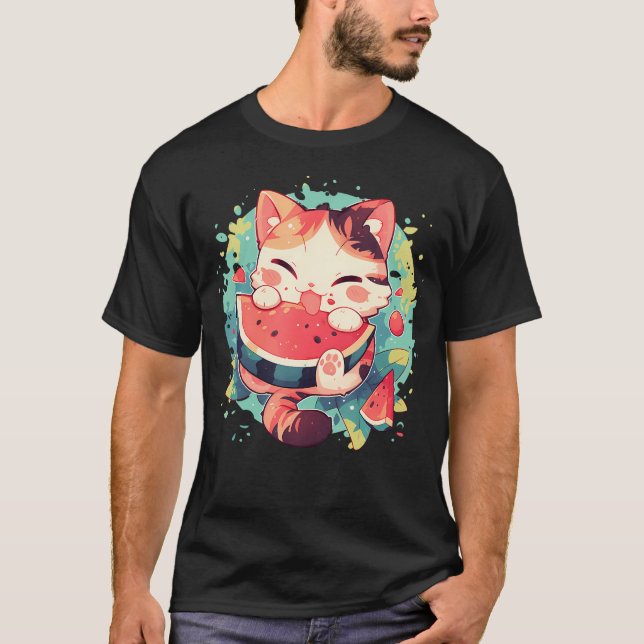 Vattenmelon Katt Färgglad Konst Vattenmelon Frukt T Shirt (Framsida)