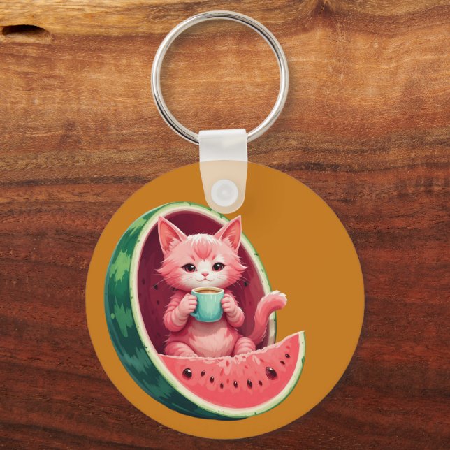Vattenmelon Katt Kaffepaus Nyckelring (Framsida)