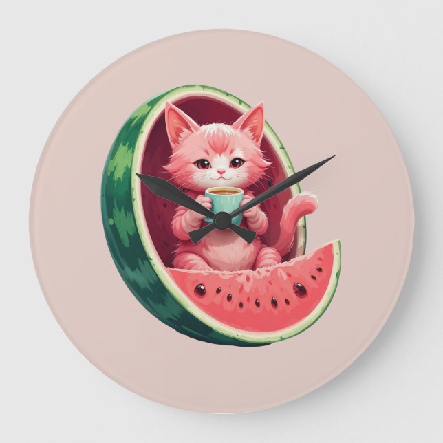 Vattenmelon Katt Kaffepaus Stor Klocka (Framsida)