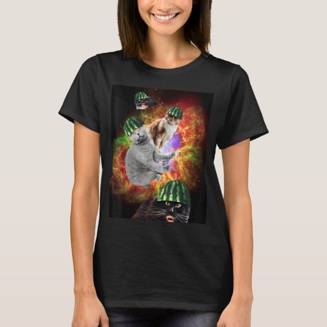 Vattenmelon Katt Rymd Galax Katter T Shirt (Framsida)