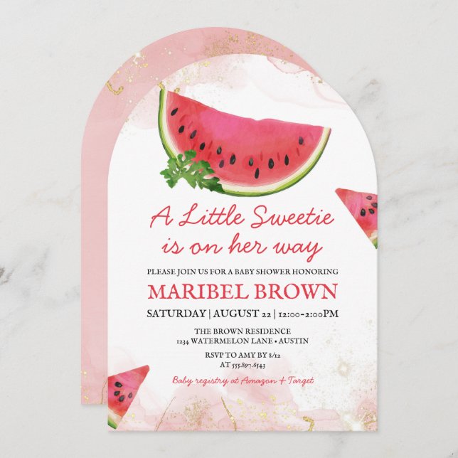 Vattenmelon Little Sweetie Baby Shower Rosa Inbjudningar (Fram/baksida)