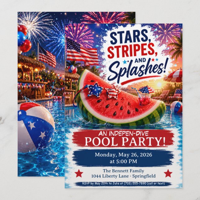 Vattenmelon och fyrverkerier Poolparty Inbjudan (Fram/baksida)