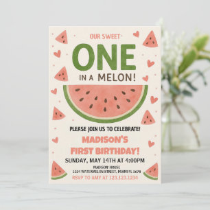Vattenmelon "One in a Melon" 1st Birthday Inbjudningar