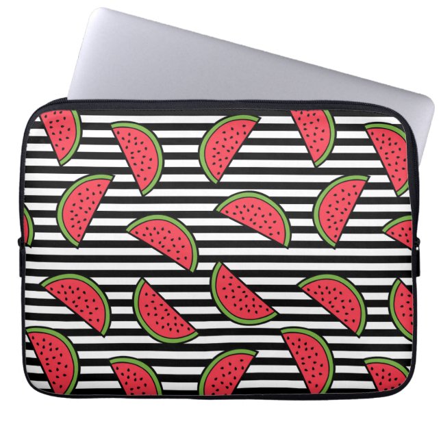 Vattenmelon på Black & White Rand Mönster Laptop Sleeve (Framsidan)