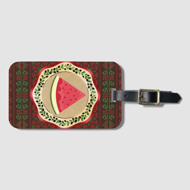 Vattenmelon på olivplåt med palestinsk tatuering bagagebricka (Framsida horisontal)