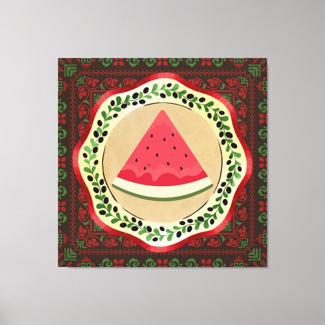 Vattenmelon på olivplåt med palestinsk tatuering canvastryck (Framsida)
