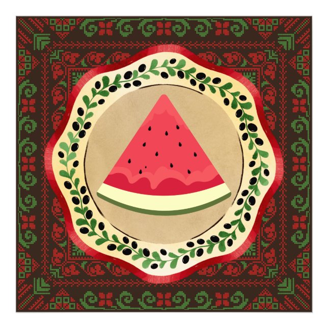 Vattenmelon på olivplåt med palestinsk tatuering fototryck (Framsidan)