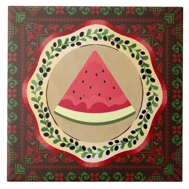 Vattenmelon på olivplåt med palestinsk tatuering kakelplatta (Framsidan)