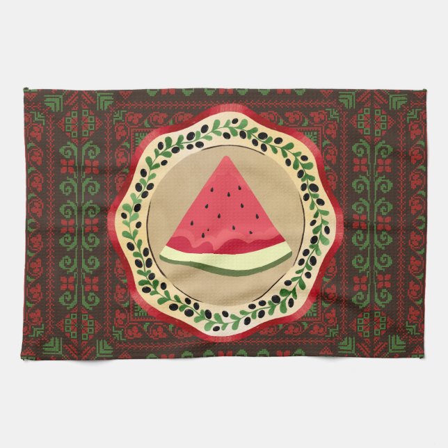 Vattenmelon på olivplåt med palestinsk tatuering kökshandduk (Horisontell)