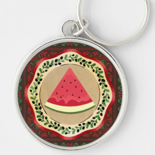 Vattenmelon på olivplåt med palestinsk tatuering rund silverfärgad nyckelring