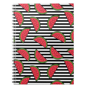 Vattenmelon på svart- & vitrandmönster anteckningsbok med spiral