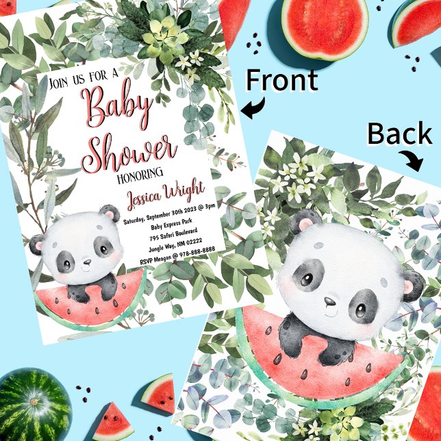 Vattenmelon Panda Watercolor Baby Shower Inbjudningar (Watermelon Panda Evergreen Jungle Baby Shower Invitations)