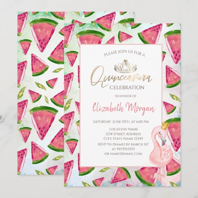 Vattenmelon Rosa Flamingos Quinceañera Inbjudningar (Fram/baksida)