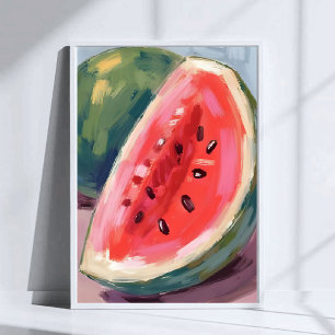Vattenmelon Skiva Frukt Akvarell Målning Poster