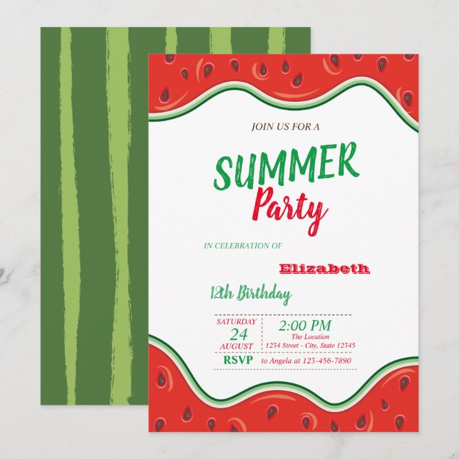 Vattenmelon, Sommar  Födelsedagsfest Inbjudningar (Fram/baksida)