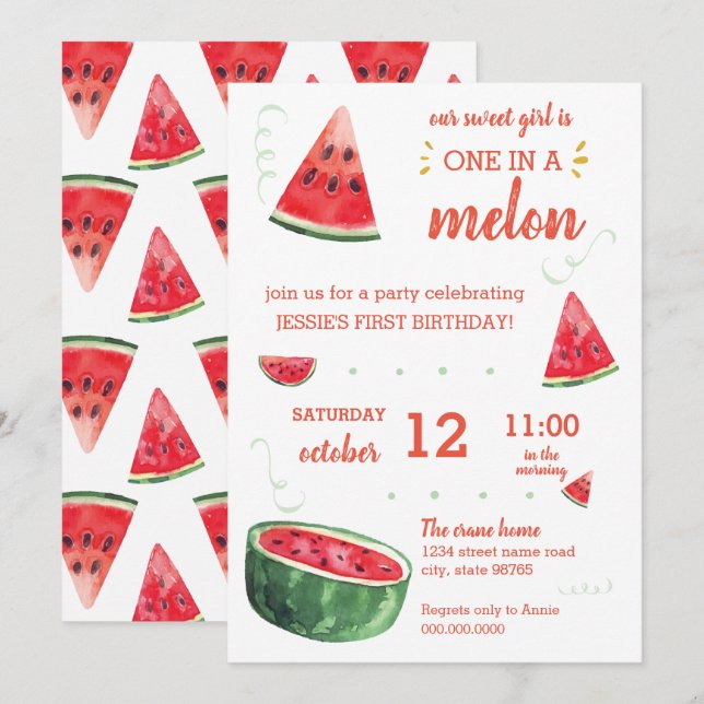 Vattenmelon Sommarens första födelsedag EN I MELON Inbjudningar (Fram/baksida)