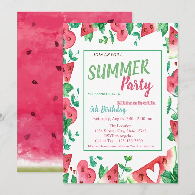 Vattenmelon,Sommarfest Födelsedag  Inbjudningar (Fram/baksida)