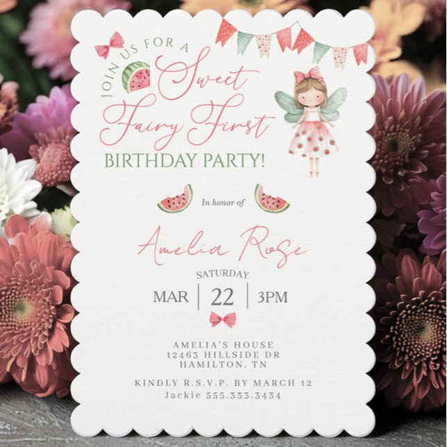 Vattenmelon Söt Älva Första Födelsedagsfest Inbjudningar (Watermelon Sweet Fairy First Birthday Party Invitation)