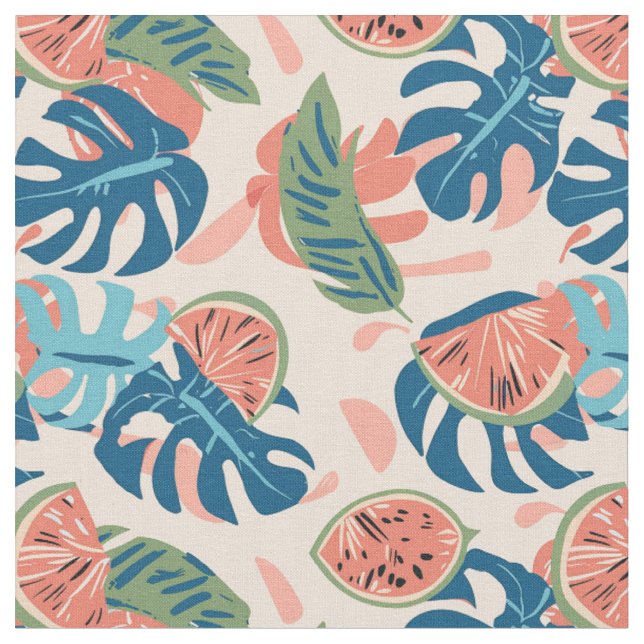 Vattenmelon & Tropiskt Monstera Mönster Tyg (Närbild)