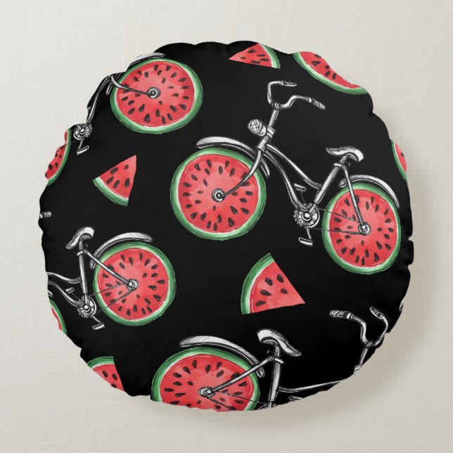 Vattenmeloncyklar, sommaren mönster. rund kudde (Framsidan)