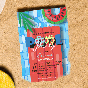 Vattenmelonflotte Sweet 16 Poolparty Födelsedag Inbjudningar