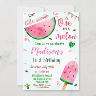 Vattenmelonfödelsedagsinbjudan En i en melonflicka Inbjudningar