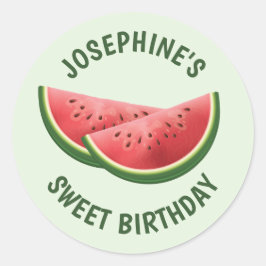 Vattenmelonfruktskivor på Grönt och på textfödelse Runt Klistermärke