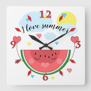Vattenmelonsegment, text, "I kärlek sommar" Square Fyrkantig Klocka