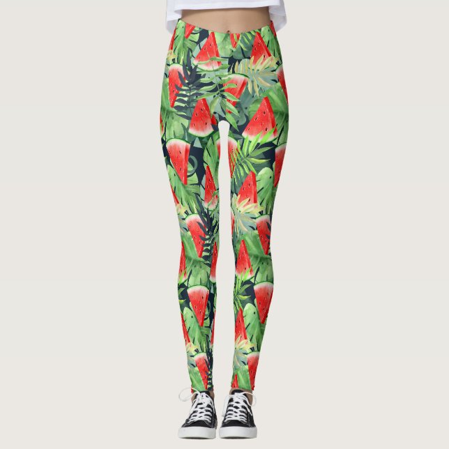 Vattenmelonskivor med tropiskt löv leggings (Framsida)