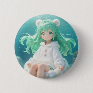 Vattenmint: Kawaii Flicka i Vit Hoodie på Irid Knapp