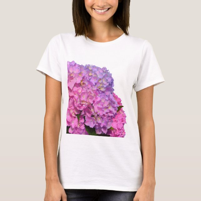 Vattenområden för rosa av lila blommigt av elegant t shirt (Framsida)