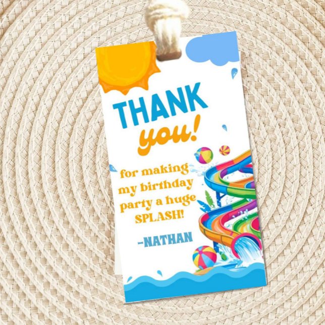 Vattenpark Födelsedags Tacksamhetsetikett Presentetikett (waterpark thank you tag, pool party favor tag, summer birthday thank you, splash party favors, kids )