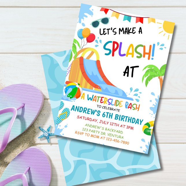 Vattenrutschbana Bash Födelsedagsinbjudan, Poolpar Inbjudningar (Colorful waterslide birthday invitation with tropical summer pool party vibes for kids.)
