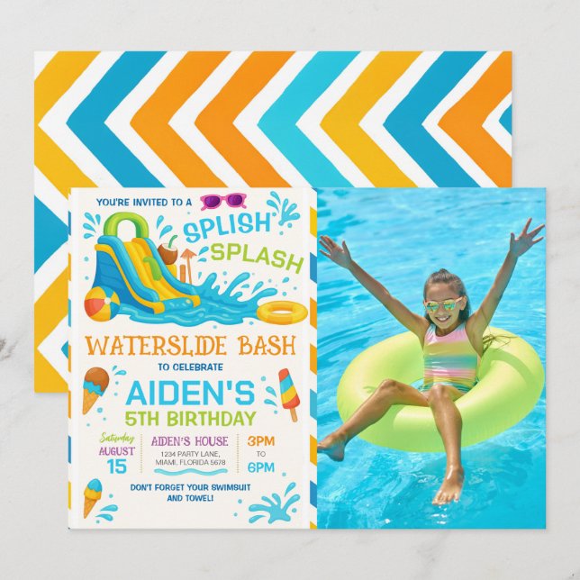 Vattenrutschbana Bash Redigerbar Vattenrutschbaneb Inbjudningar (Fram/baksida)