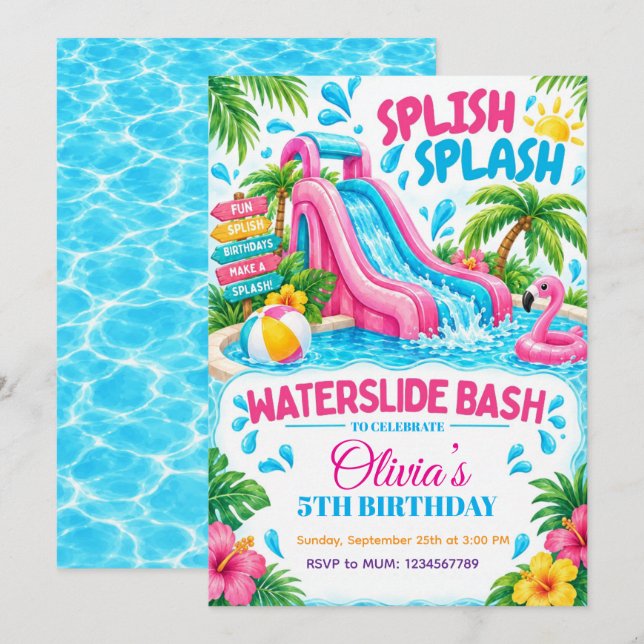 Vattenrutschbana Bash Sommarfödelsedagsinbjudan Inbjudningar (Fram/baksida)