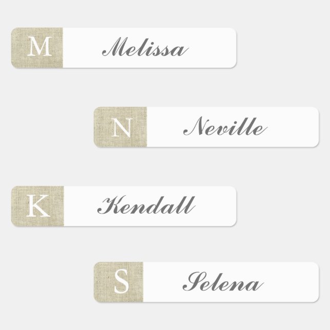 Vattensäkra etiketter med Rustik burlap monogram (Grupp)