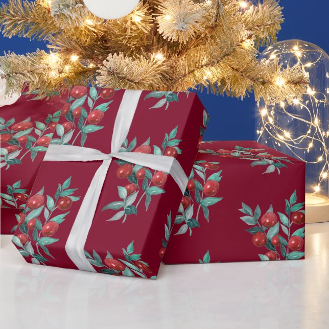 Vattensfärg Festive jul Red Berries Burgundy Presentpapper (Helgdagar)